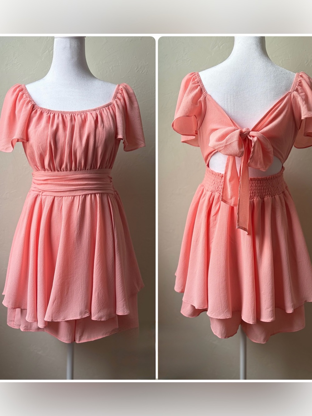 Exlura Pink Tie Back Romper Dress Flutter Sleeve Smocked Size Small
